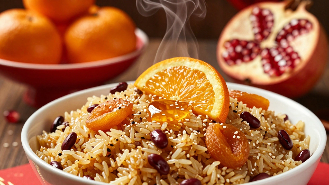 Каша из клейкого риса с красными бобами, курагой и кунжутом, поданная с апельсином и мёдом.