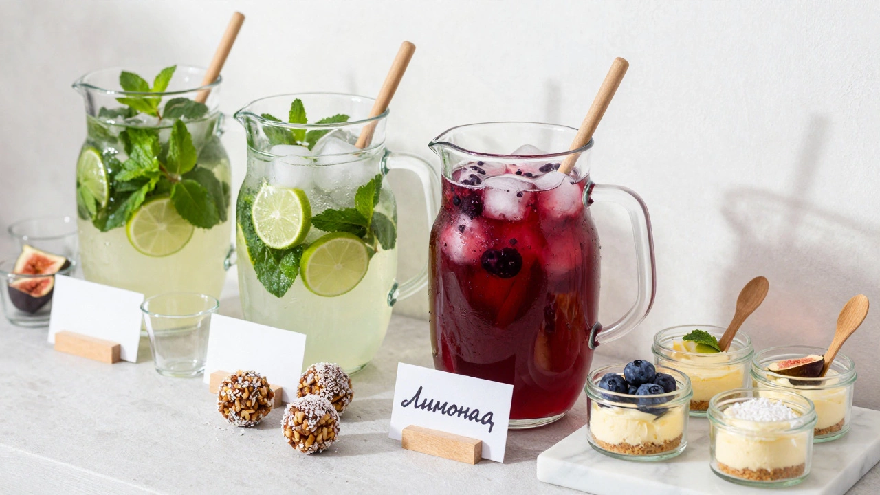 Напитки и десерты в стеклянных кувшинах и баночках