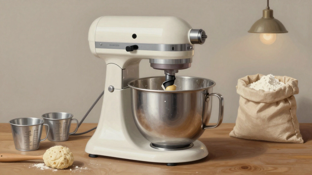 Немецкий миксер Bosch на деревянном столе с мукой и металлической чашей, тихо работает.