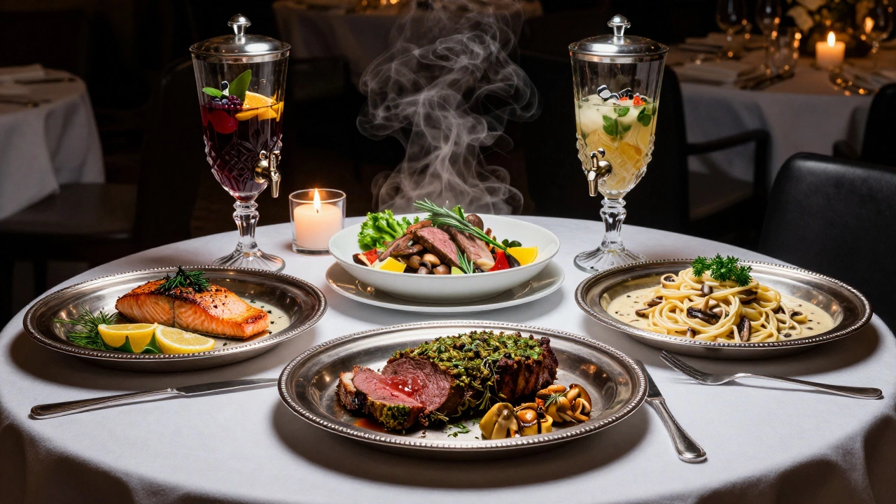 Основные горячие блюда: запеченная говядина, лосось и паста с грибами на серебряных подносах.