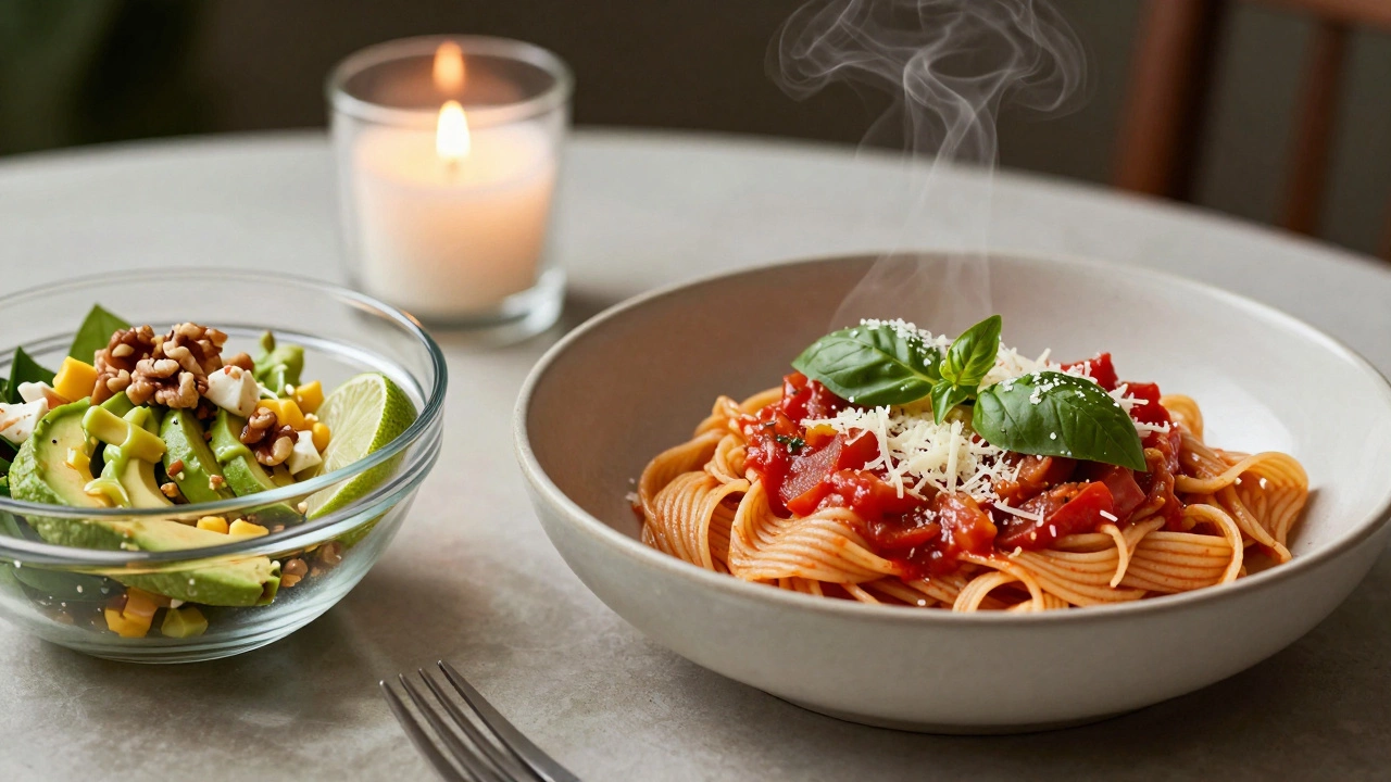 Паста с томатным соусом и свежий салат из авокадо, кукурузы и феты на столе.
