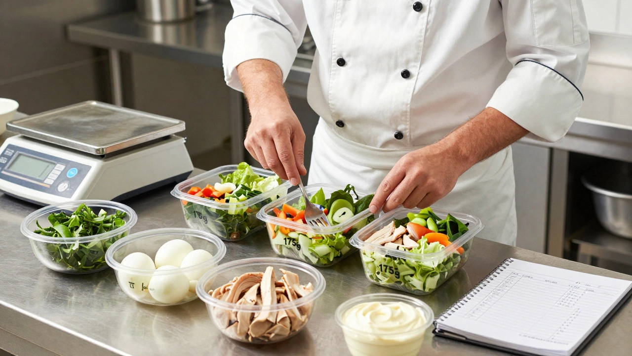Повар измеряет порции салата для 30 гостей на кухне