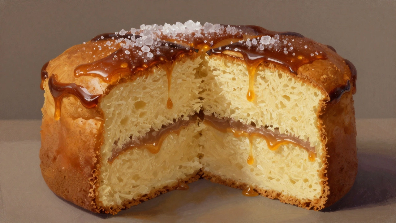 Разрез торта с влажной текстурой и карамелизованной корочкой
