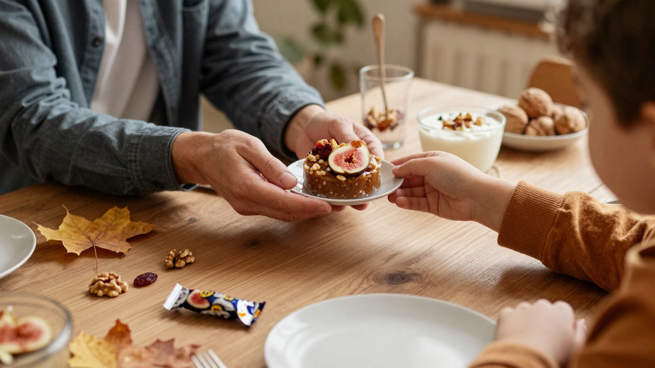 Ребёнок предлагает родителю домашний десерт из фиников и орехов