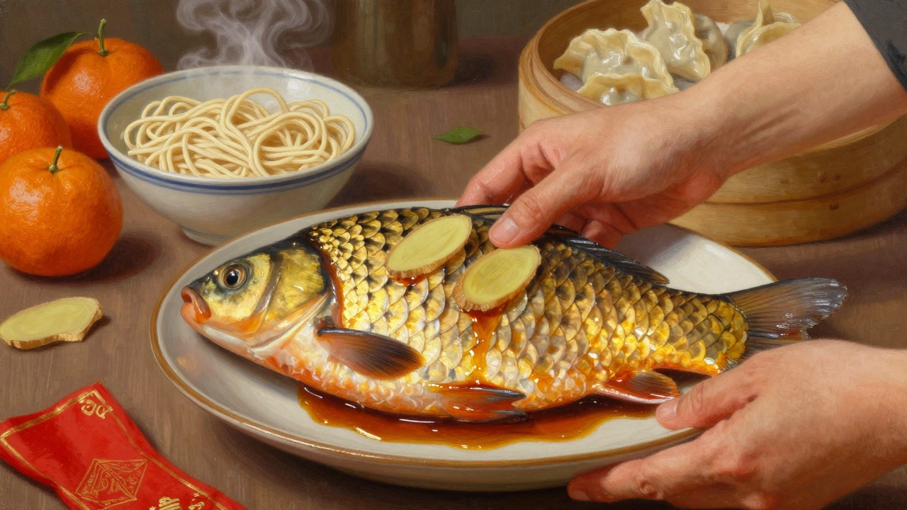 Руки кладут запеченную карпу на тарелку с имбирём и соевым соусом.