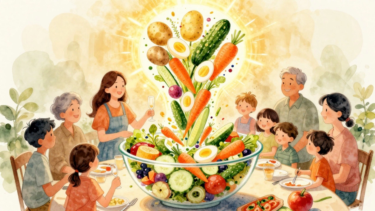 Салат как символ щедрости: ингредиенты поднимаются в виде сияющего облака