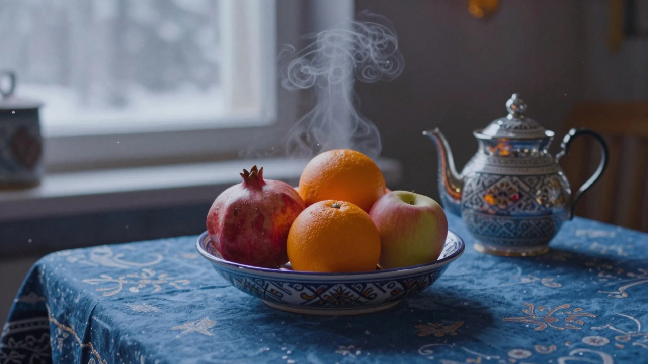 Символические фрукты — гранат, апельсин и яблоко — на керамической чаше в уютной зимней обстановке.