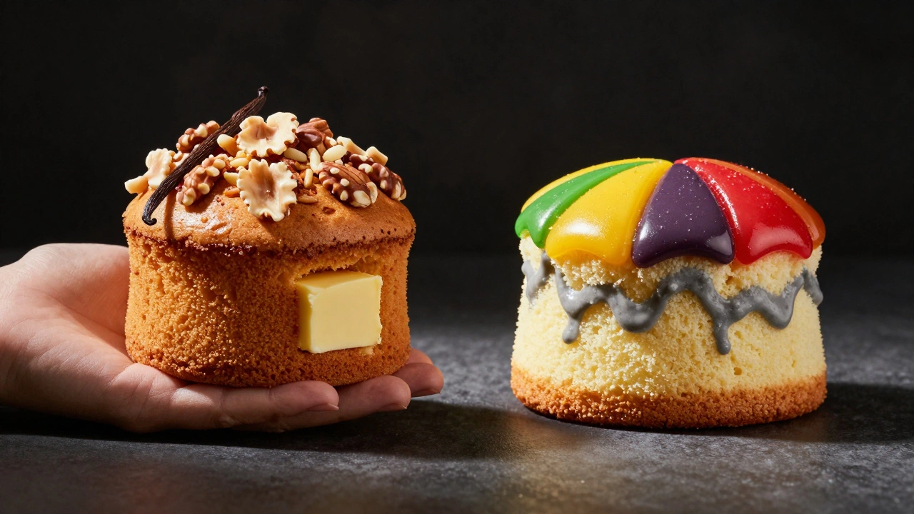 Сравнение домашнего торта с натуральными ингредиентами и промышленного с добавками.