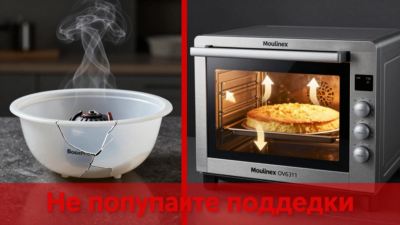 Сравнение: сломанный поддельный прибор слева и надежная духовка Moulinex справа.