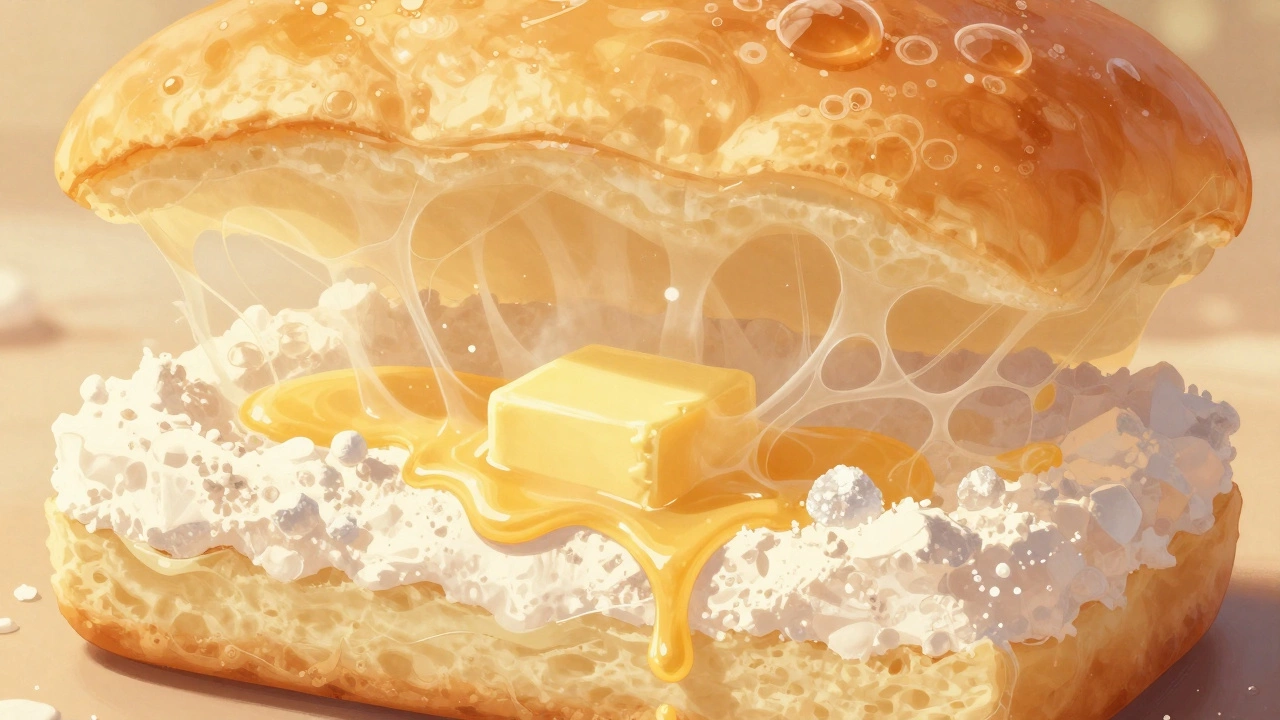 Внутри пирога видны процессы подъёма теста: пузырьки газа, тающее масло и растворяющийся сахар.