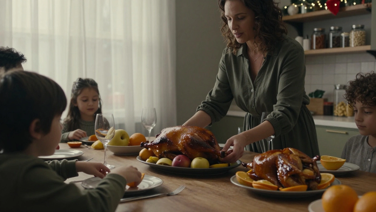 Женщина подает утку с яблоками на новогодний ужин, ребенок рядом с курицей в апельсиновом соусе.