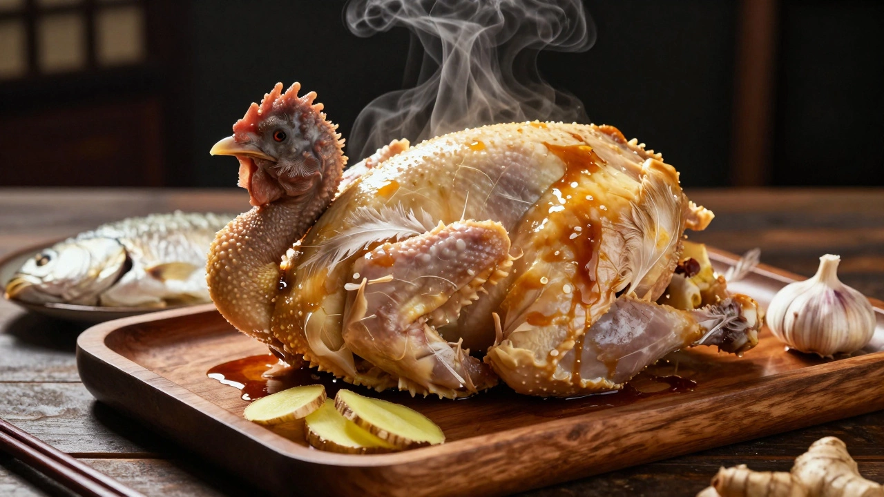 Целая курица с перьями на краях рядом с тусклой белой рыбой на одном столе.