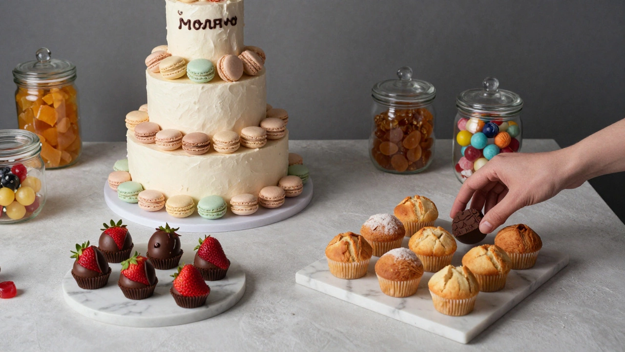 Десертный стол с тортом «Птичье молоко», макарунами и шоколадными фруктами.