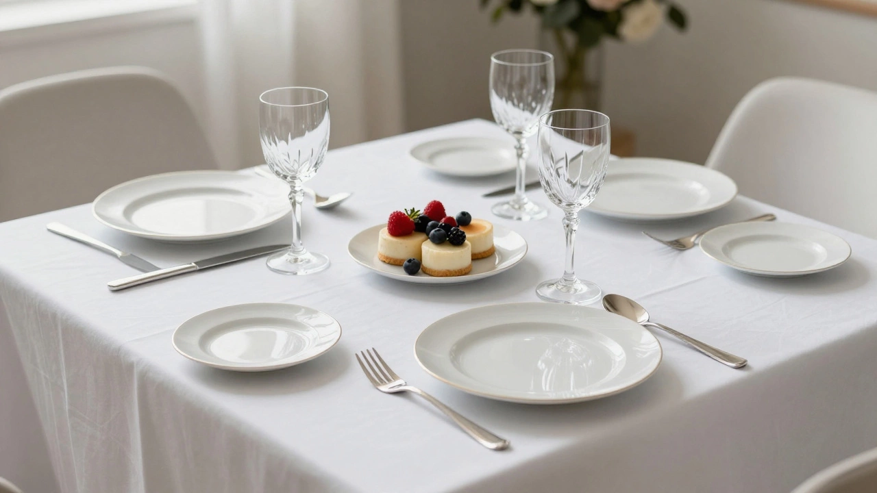 Идеальная сервировка стола: посуда, бокалы и мини-десерты.