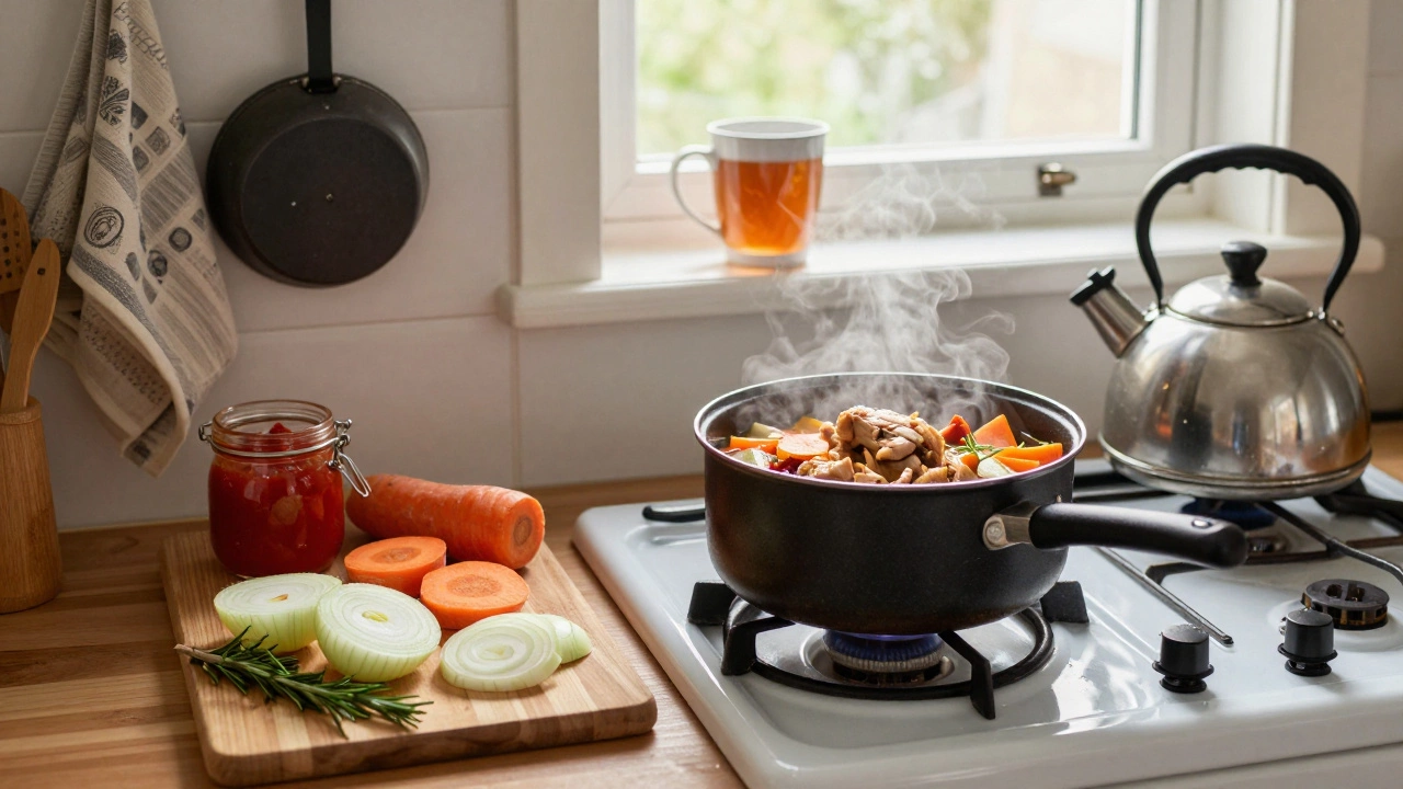 Кухня с тушёной курицей и овощами, чайник и чашка чая на подоконнике