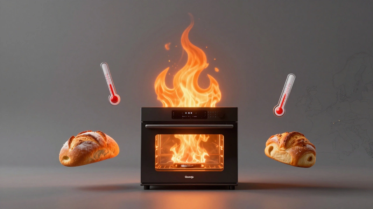 Логотип Gorenje в виде пламени, окруженный символами идеальной выпечки и картой Европы.