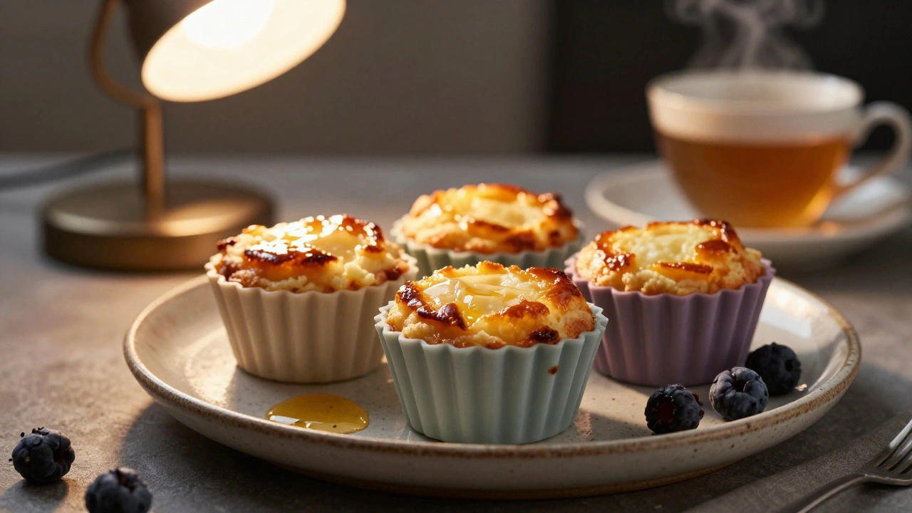 Мини-сырники с медом и ягодами на керамической тарелке