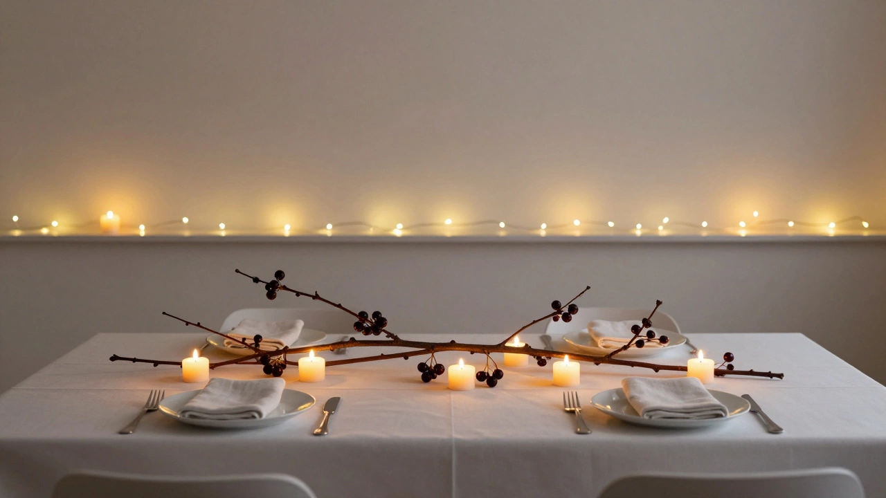 Минималистичный центральный элемент из веток яблони и светодиодных свечей на пустом праздничном столе.