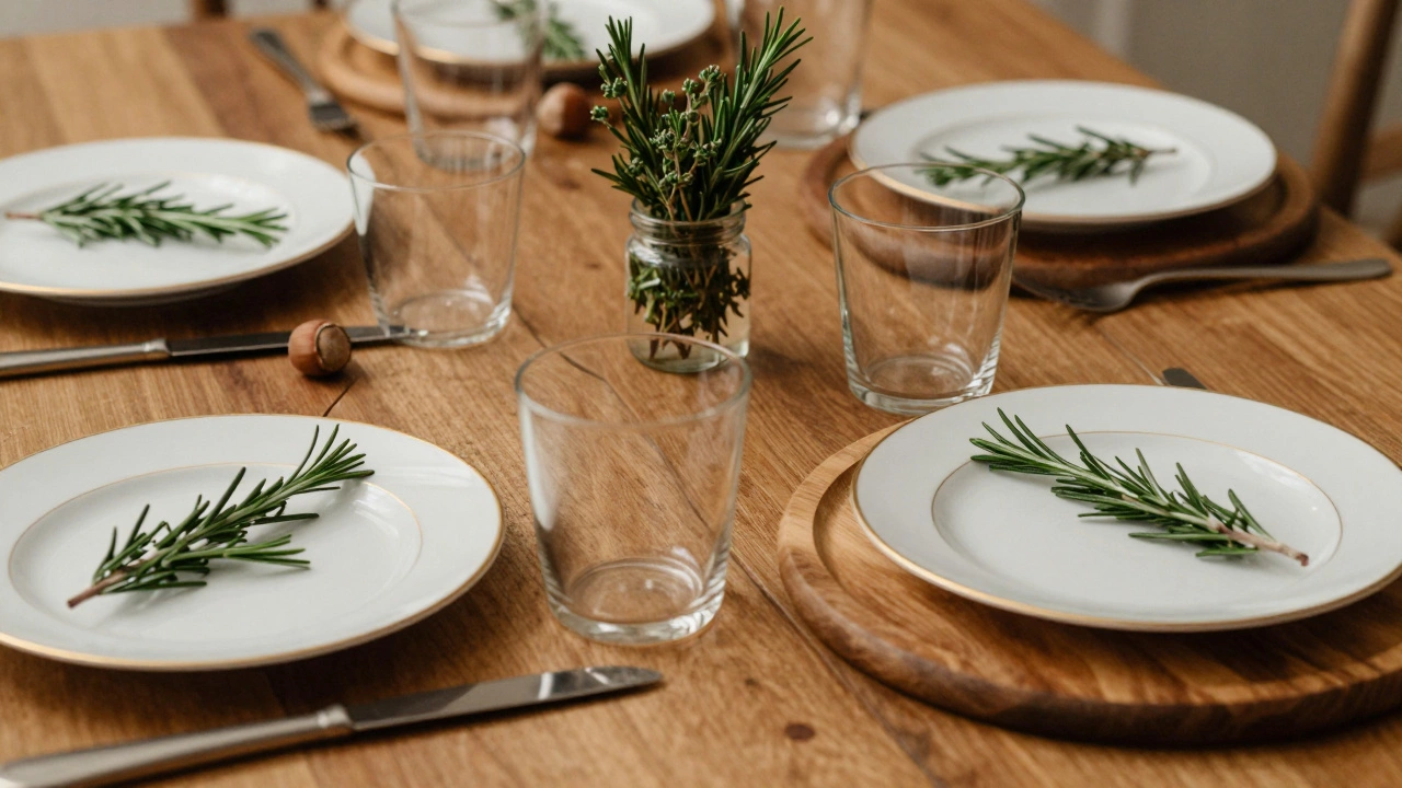 Набор посуды с золотым ободком, деревянные подставки, веточка розмарина и орех в скорлупе на каждом месте.