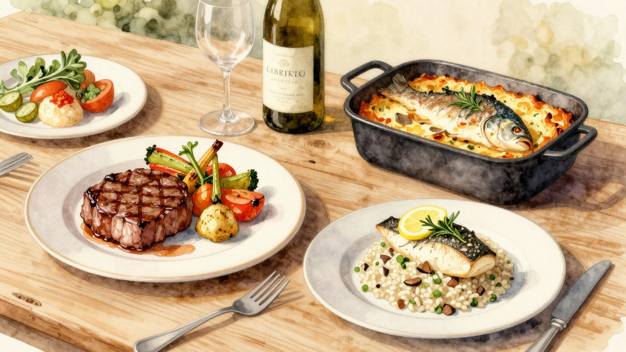 Основные блюда на банкете: стейк, рыба и вегетарианское ризотто.