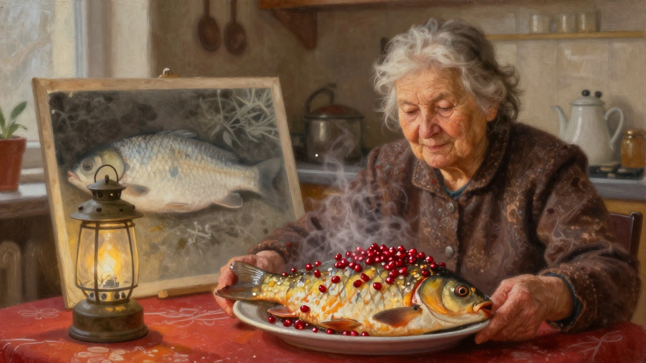Пожилая женщина ставит жареного карпа на стол, за ней — старая фотография белой рыбы.
