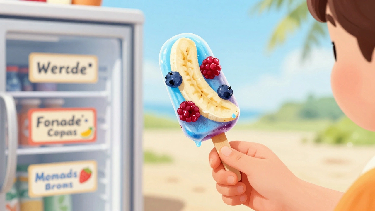 Ребёнок держит замороженный йогуртовый леденец из фруктов, капли тают на руке.