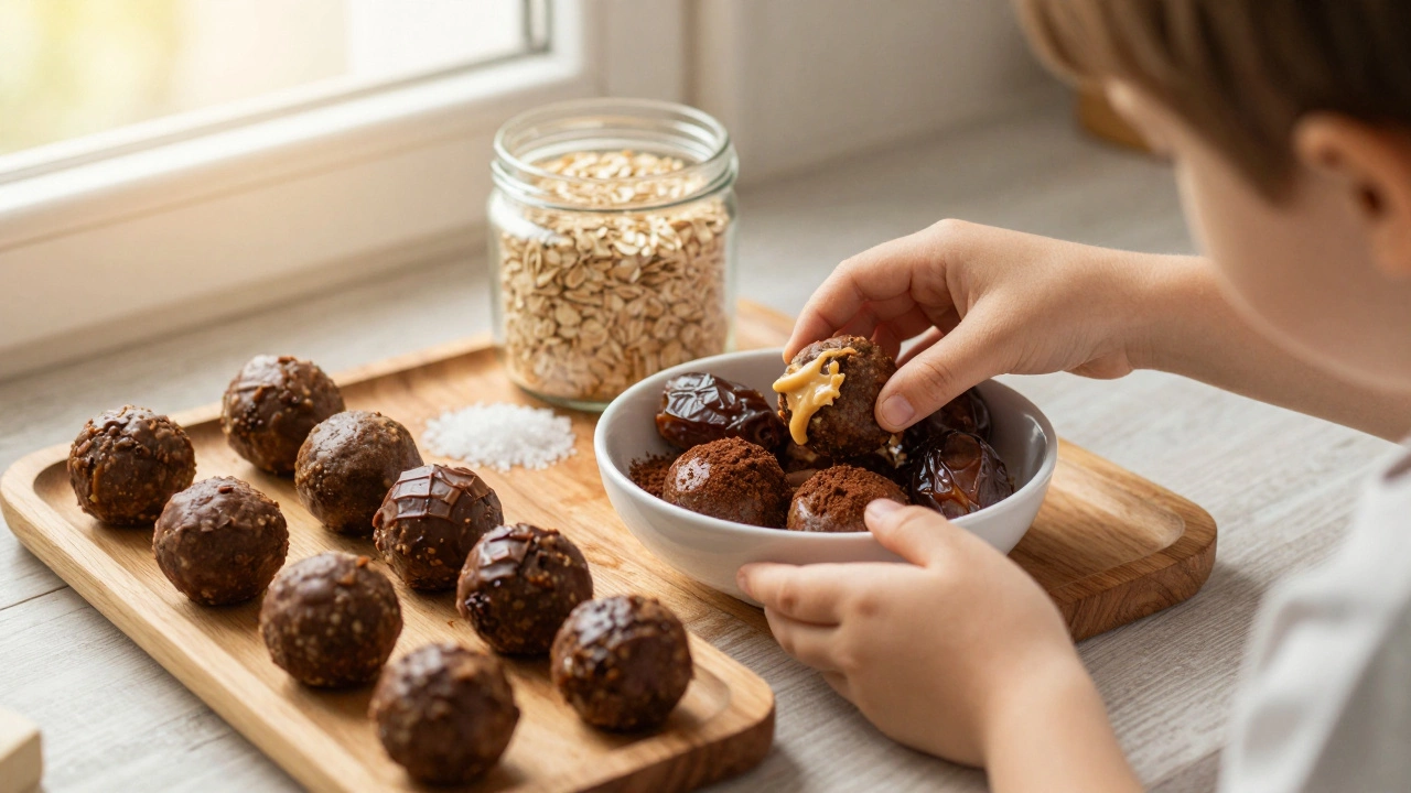 Ребёнок лепит шарики из фиников и какао, рядом деревянная тарелка с готовыми шариками.