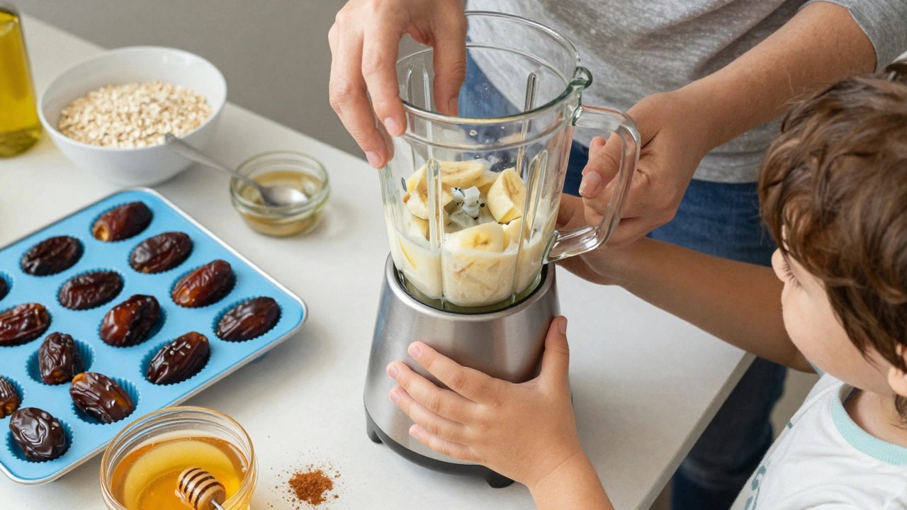 Ребёнок помогает взрослому взбивать замороженный банан в блендере, готовя домашнее мороженое.