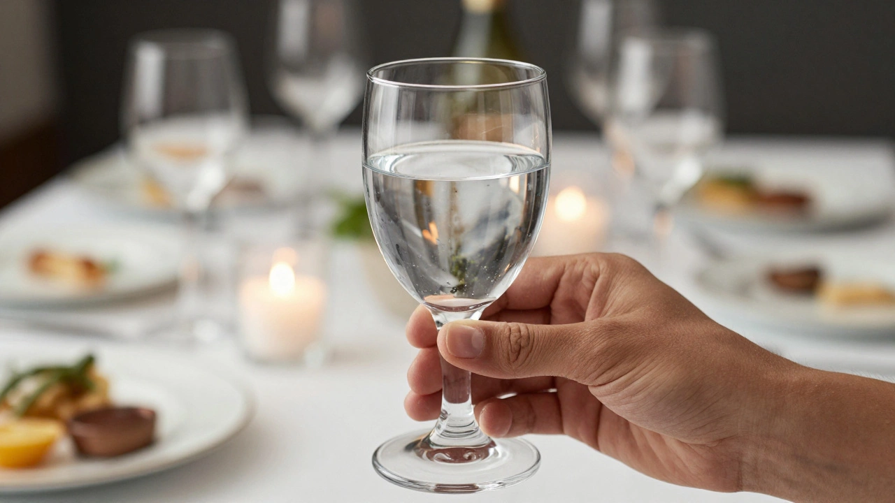 Рука держит стакан с водой только за ножку, уровень жидкости — две трети, без льда.