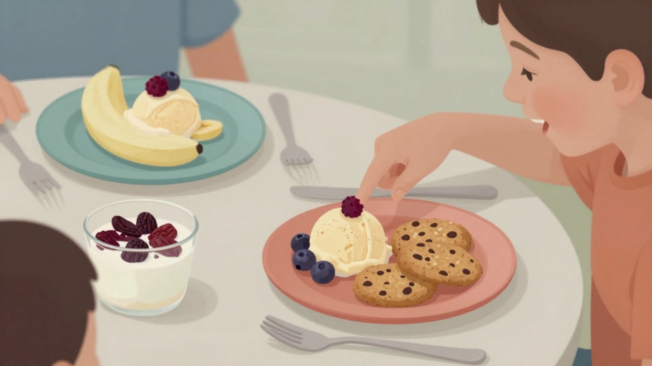 Семейный ужин с полезными сладостями: банановое мороженое, овсяные печенья и йогурт с ягодами.