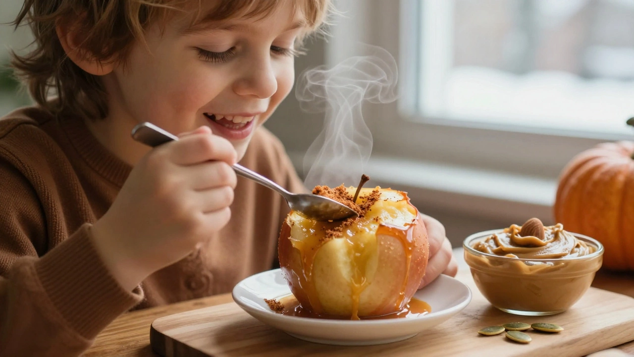 Запечённое яблоко с корицей, дитя ест его ложкой, рядом мисочка с ореховой пастой и тыквенными семечками.