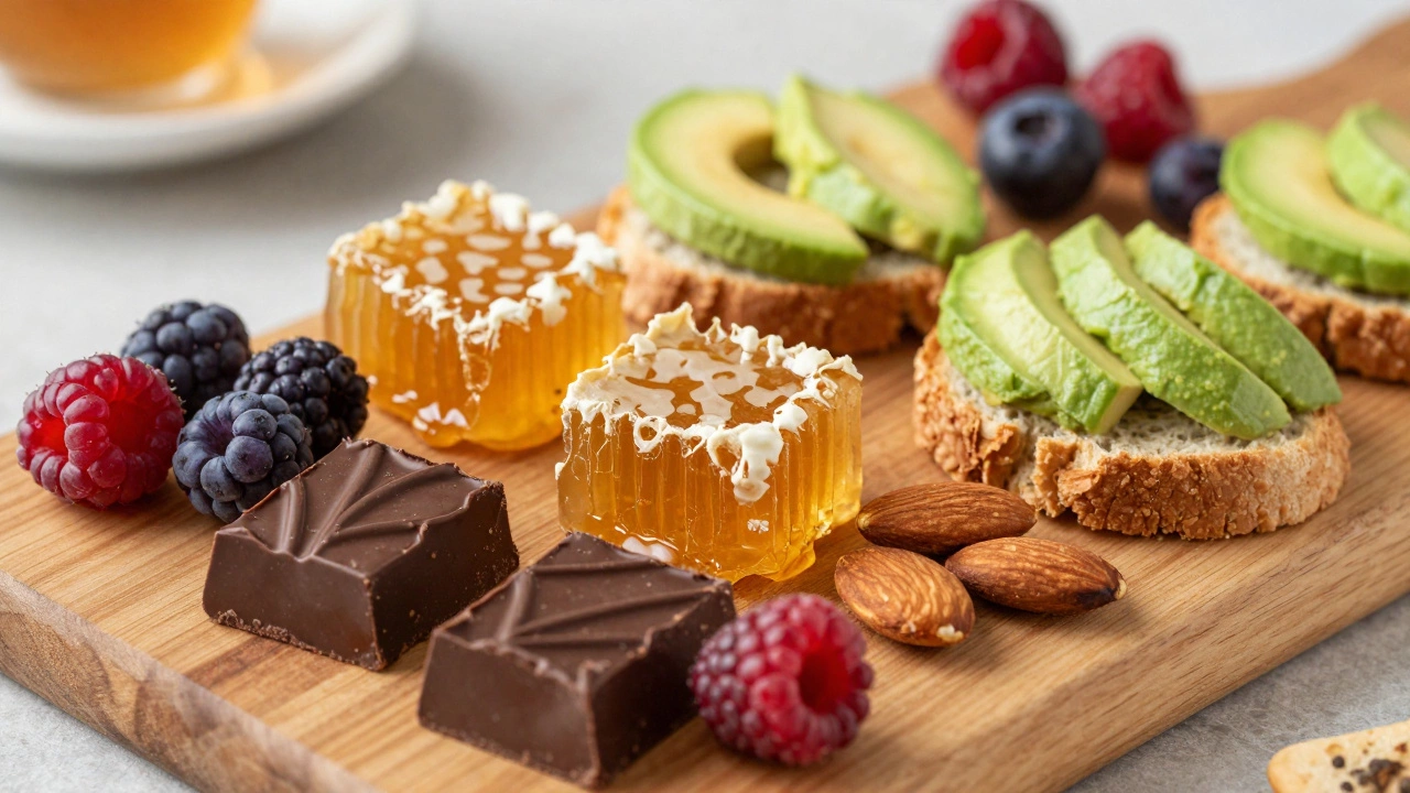 Ассорти сладких и соленых закусок на деревянной доске рядом с чашкой чая