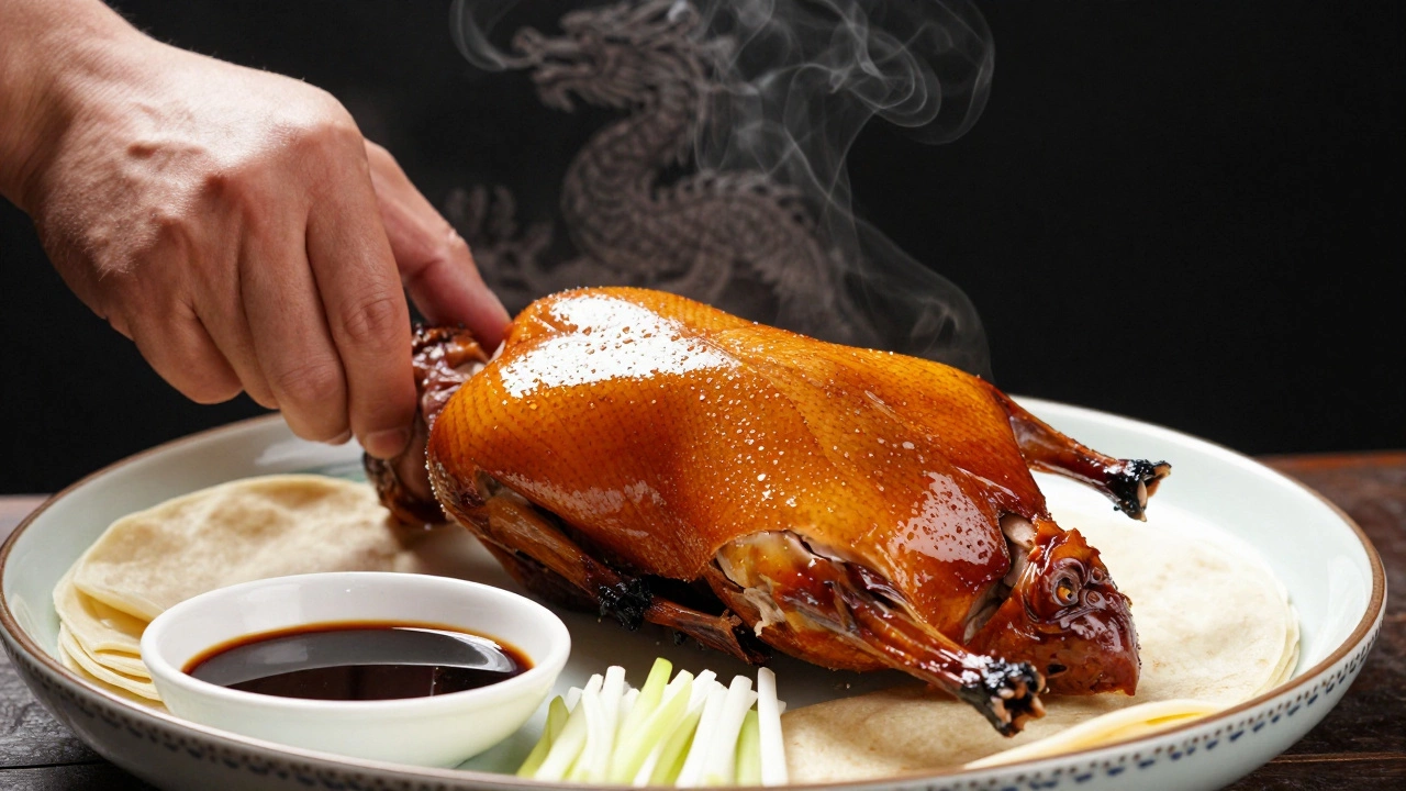 Целая пекинская утка с золотистой корочкой на фарфоровой тарелке с лепёшками и зелёным луком.