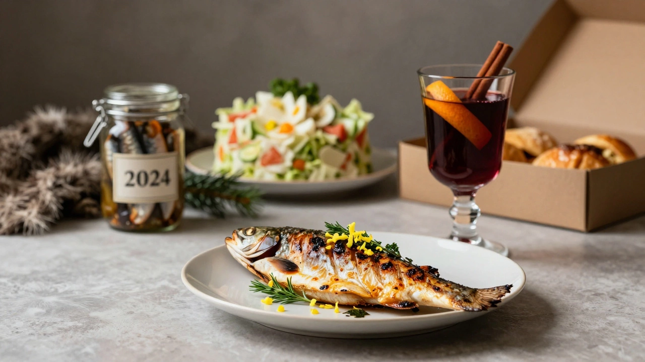 Элегантная тарелка с форелью и глинтвейном на фоне затёртых традиционных блюд — символ обновления новогоднего стола.
