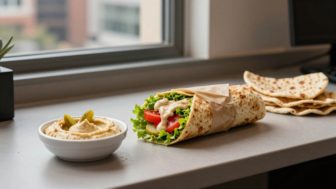 Фалафель в лепешке с тахини на офисной стойке