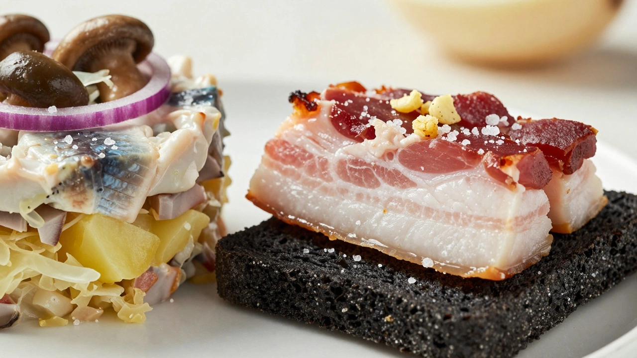 Крупный план закусок: сало, селедка и хлеб