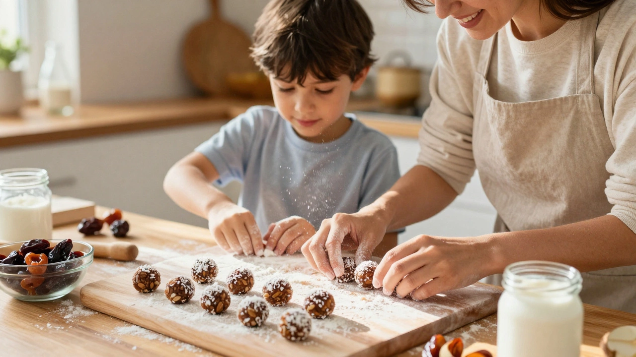 Мама и ребёнок лепят шарики из фиников и орехов на кухне.