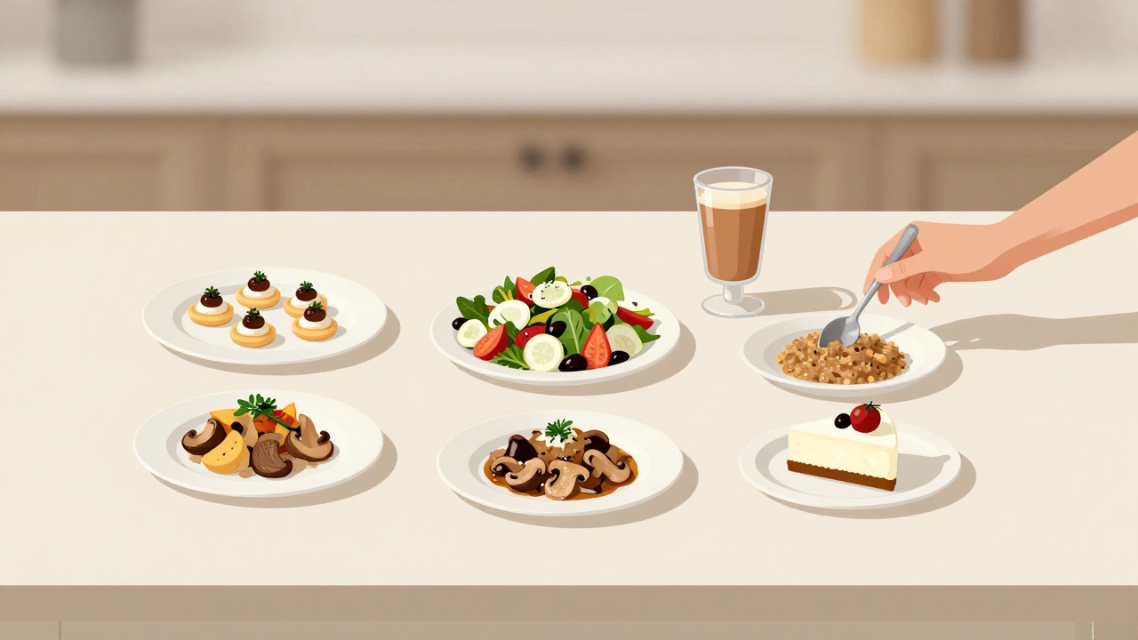 Минималистичный праздничный стол с семью блюдами, выстроенные в линию, без лишних украшений — акцент на простоте и уюте.