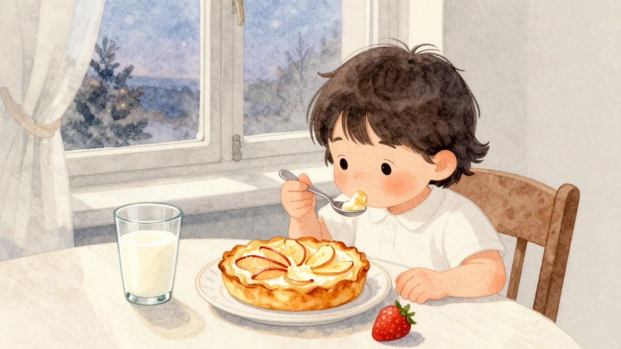 Ребёнок ест творожную запеканку с яблоками на вечернем столе.