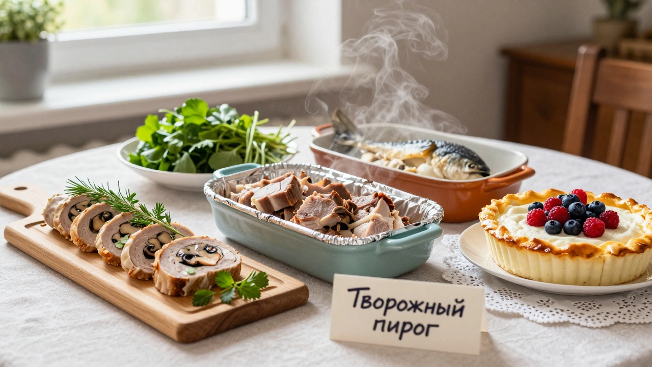 Русский праздничный стол в Казани: мясной рулет, запечённая треска, творожный пирог с вишней и чай, аккуратно сервированные блюда.