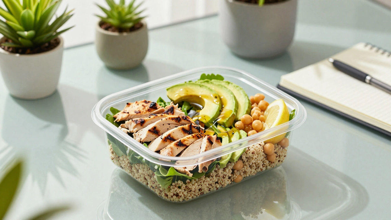 Салат с курицей и киноа в стеклянной емкости на столе