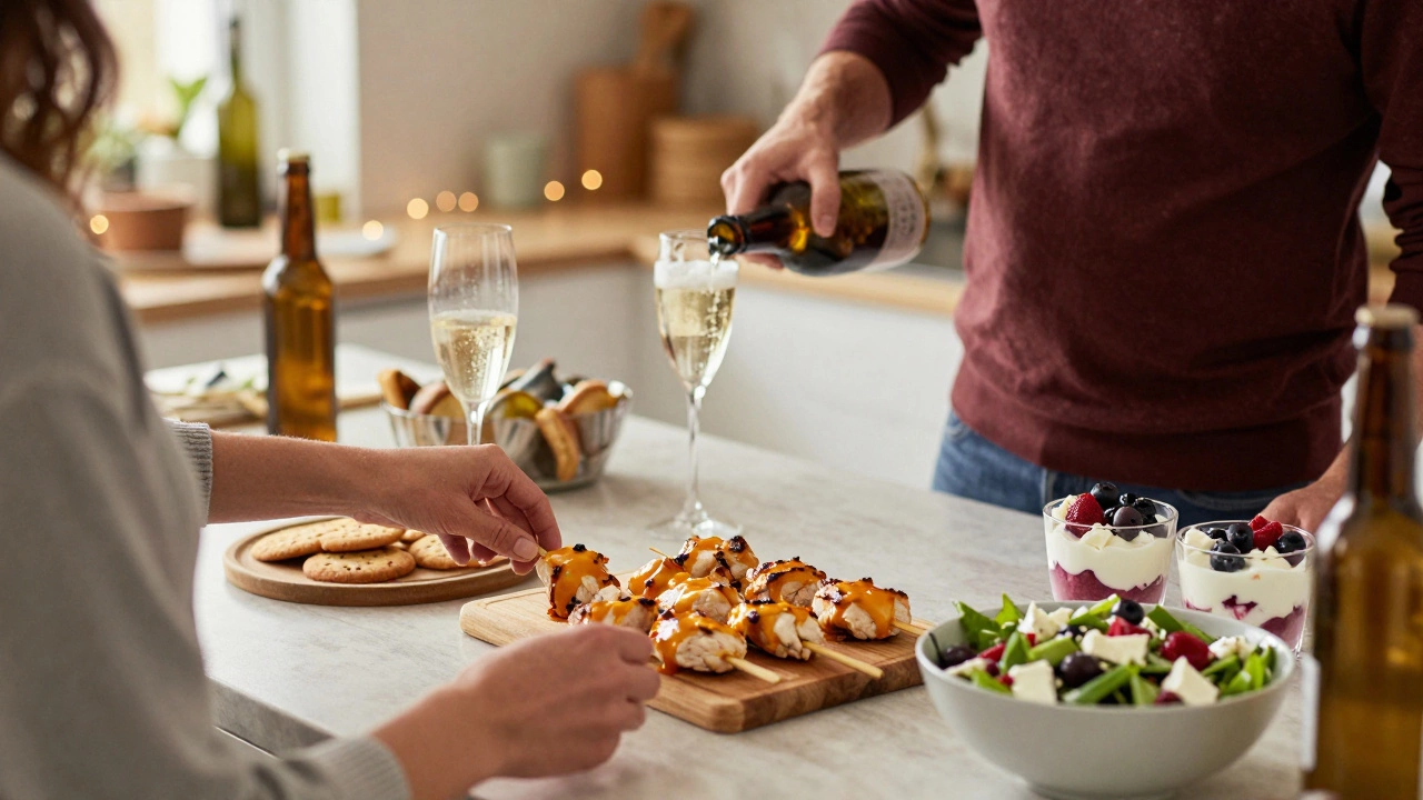 Семья подаёт гриль-курицу и игристое вино, заменив покупные десерты и пиво на домашние угощения.