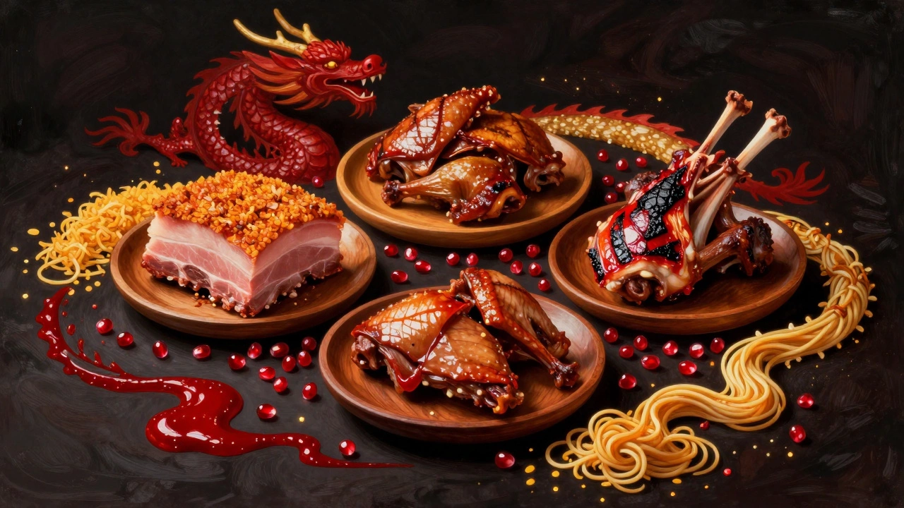 Символические блюда на Новый год: мясо, гранатовые зёрна, золотой рис и длинная лапша, выложенные как ритуальный узор.