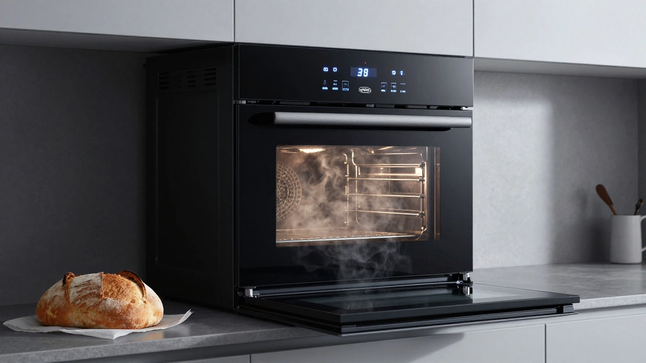 Современная духовка Gorenje от Electrolux с глянцевой панелью и неравномерно испечённым хлебом рядом.