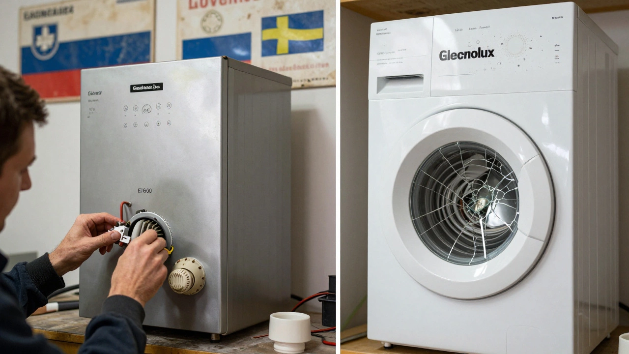 Сравнение старой и новой духовки Gorenje: одна в ремонте, другая с треснувшим стеклом и пластиковыми деталями.