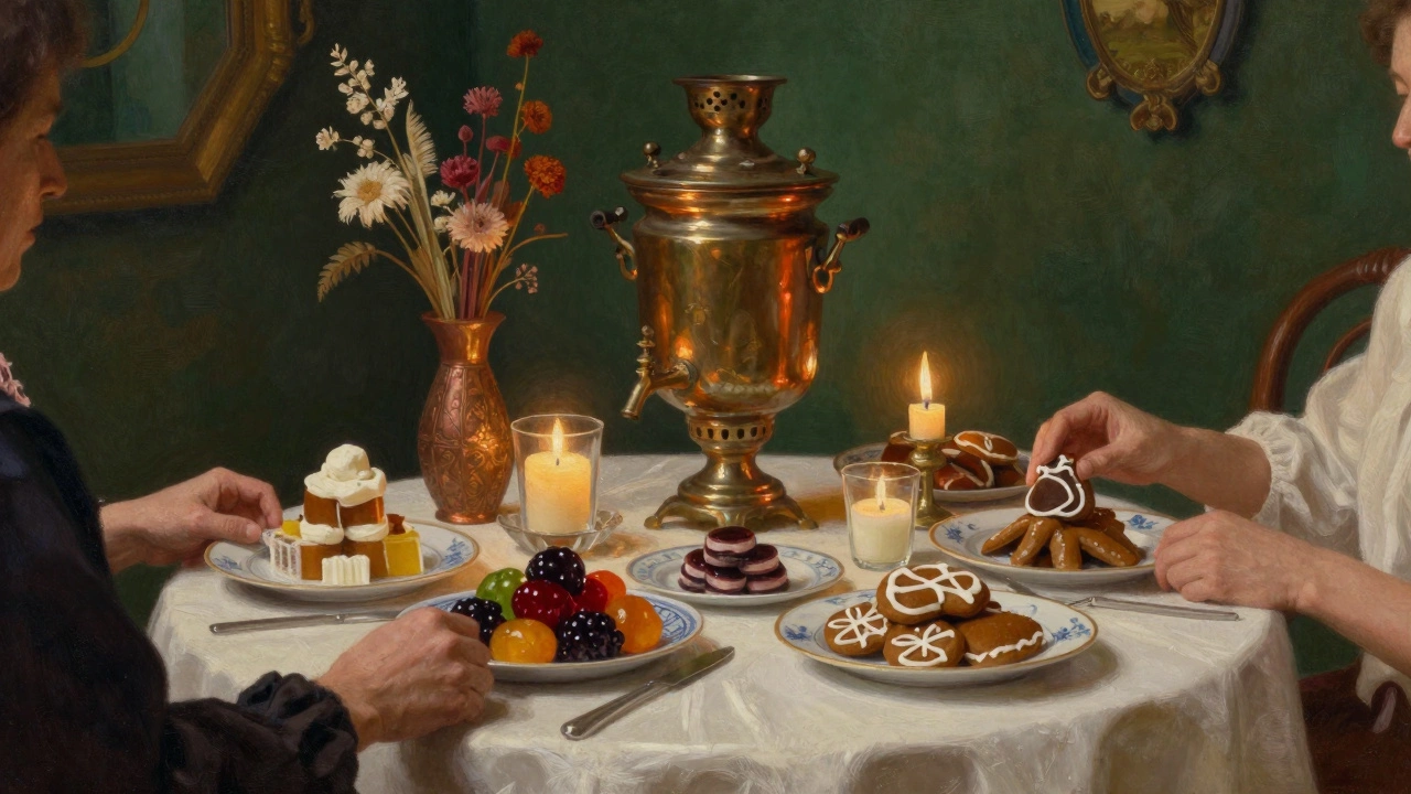 Традиционный самовар с сухоцветами и свечами для создания праздничной атмосферы