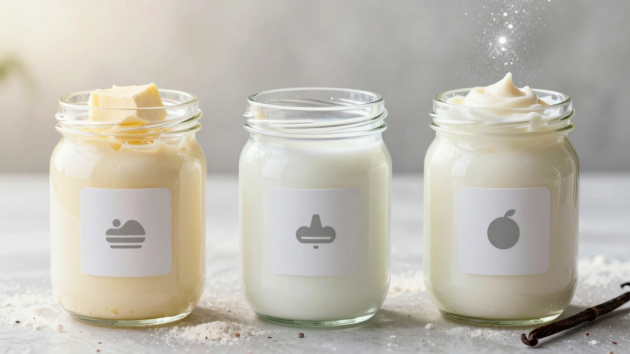 Три банки: масло, молоко и сметана, символические знаки текстуры, влаги и кислотности.