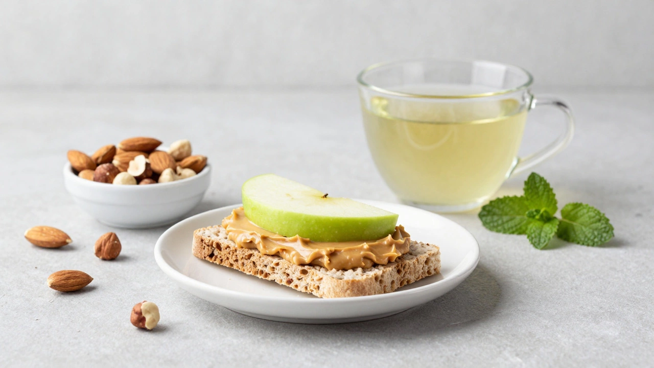 Цельнозерновой хлебец с арахусовой пастой и яблоком рядом с зеленым чаем