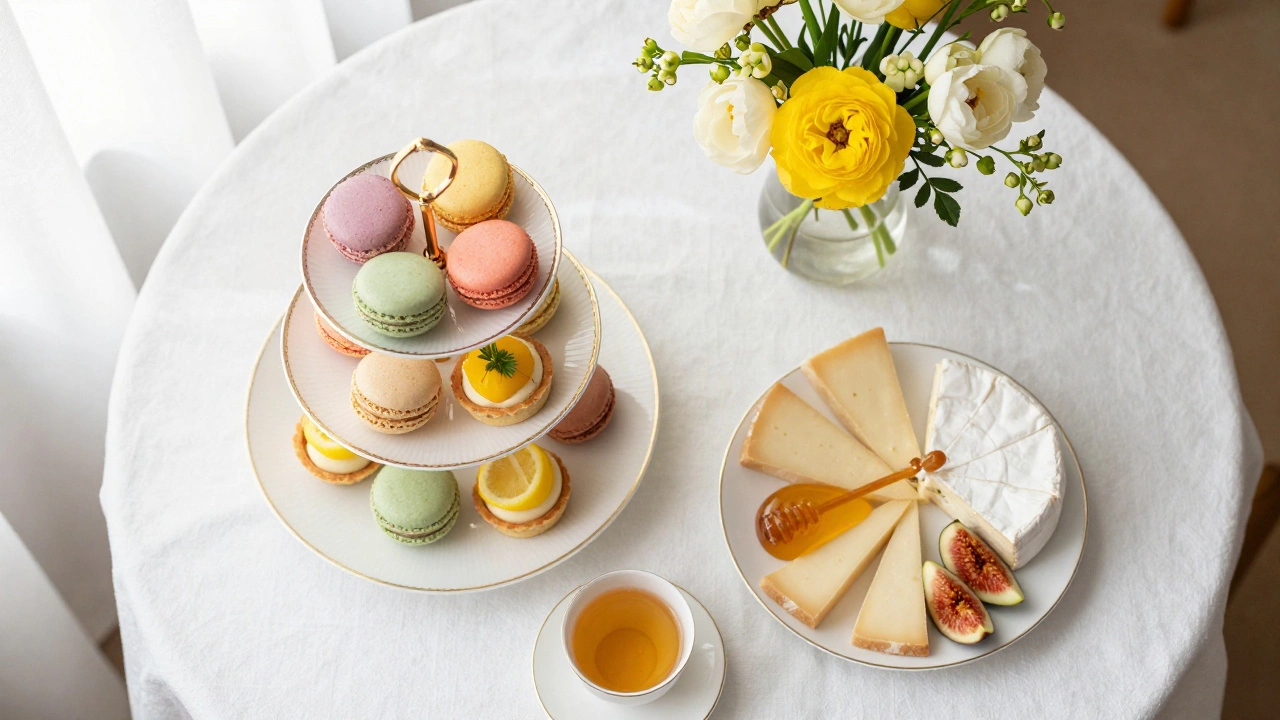 Элегантная сервировка стола с многоярусной подставкой для макарон и сырной тарелкой