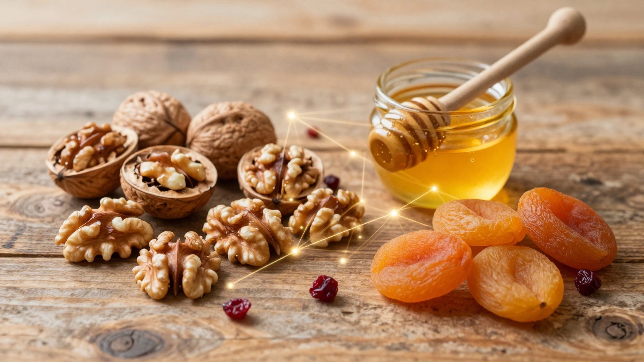 Грецкие орехи, мед и сухофрукты с символическими нейронными связями